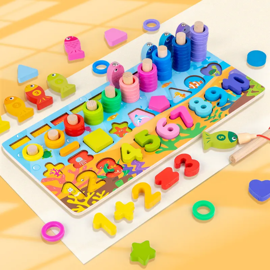 Montessori Wooden Multifunctional Log Board – Educational Math & Shape Toy